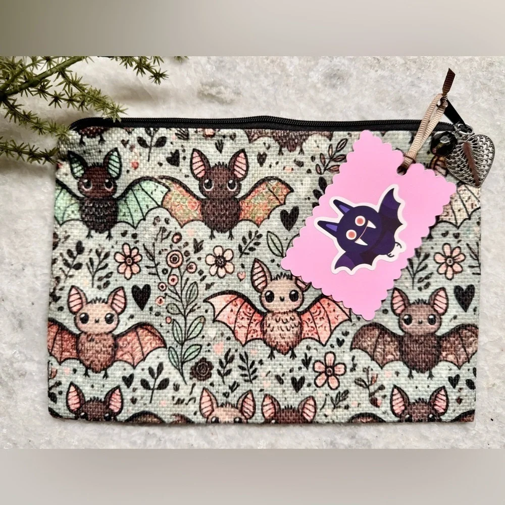 New Halloween Bats Flowers Hearts Makeup Cosmetic Tech Pencil Bag w/ Charm 8.75